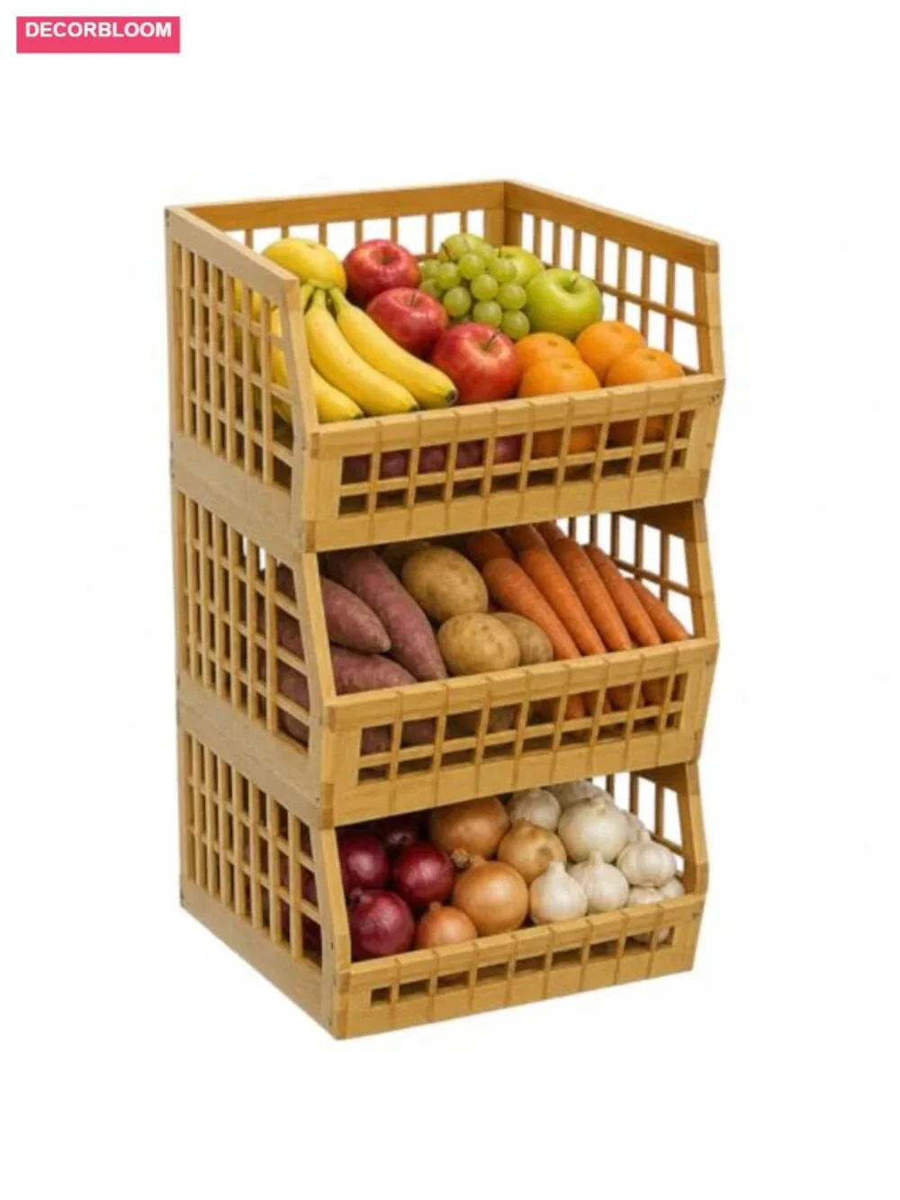 Large Bamboo Stackable Storage Bins Open Front Lattice Set of 3